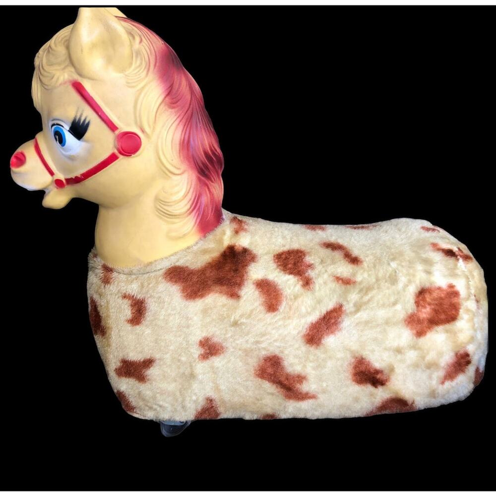 Vintage Ride On Rubber Face Horse Plush Toy on Wheels Spotted Pony Rare READ